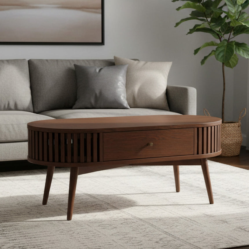 Soho Dark Oak 1 Drawer Slatted Oval Coffee Table