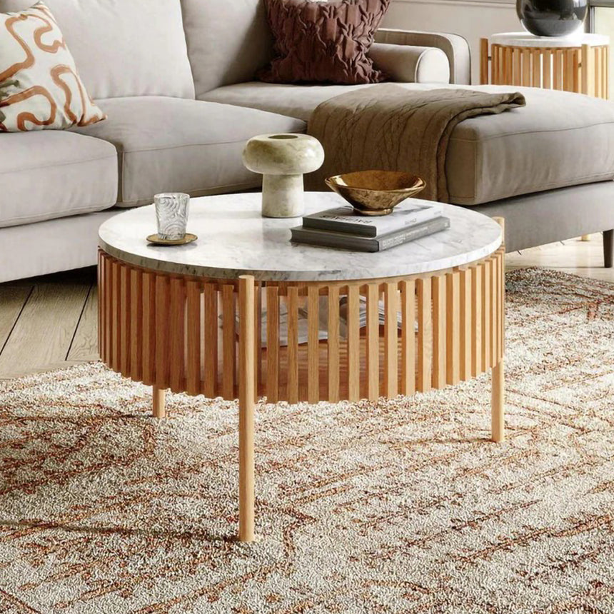 Soho Oak 1 Door Slatted Story Round Coffee Table - White Marble Top