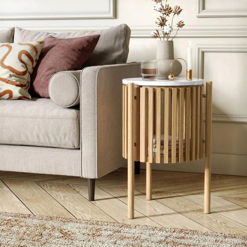 Soho Oak 1 Door Slatted Story Round Side Table - White Marble Top