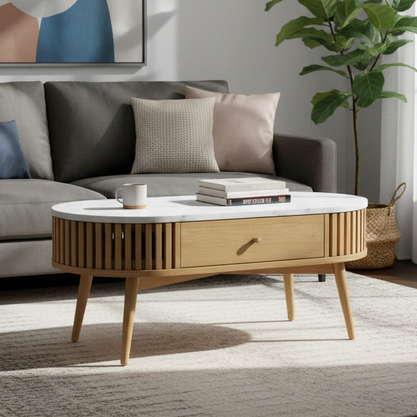 Soho Oak 1 Drawer Slatted Oval Coffee Table - White Marble Top
