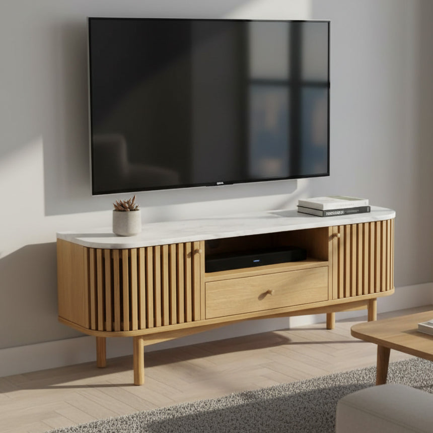 Soho Oak 130cm Slatted Small Storage TV Unit - White Marble Top
