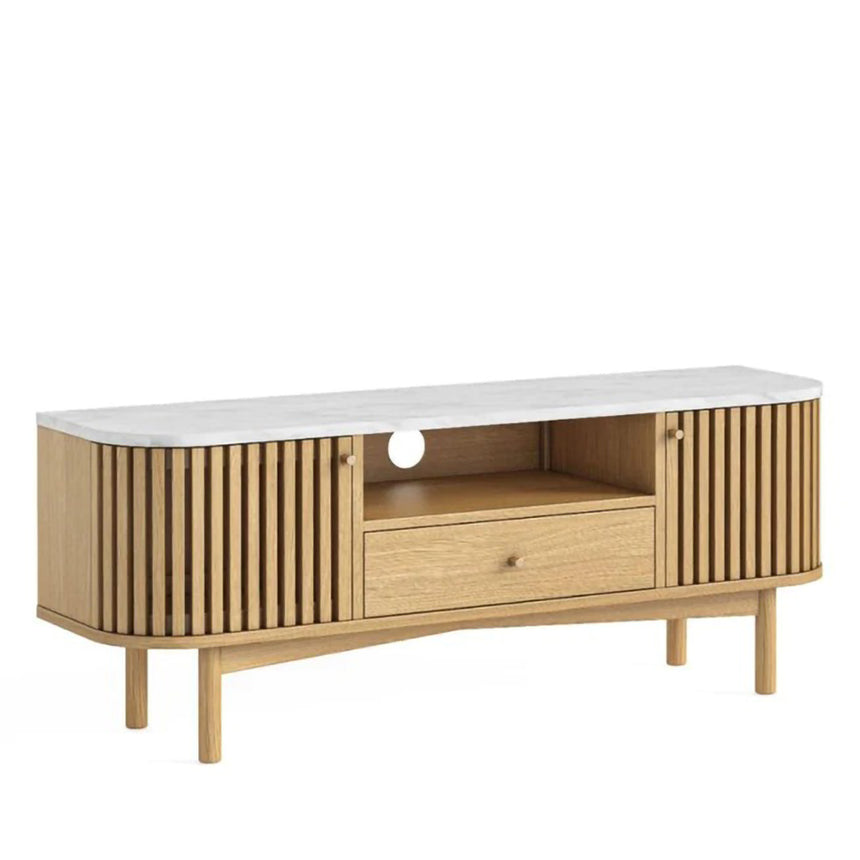 Soho Oak 130cm Slatted Small Storage TV Unit - White Marble Top