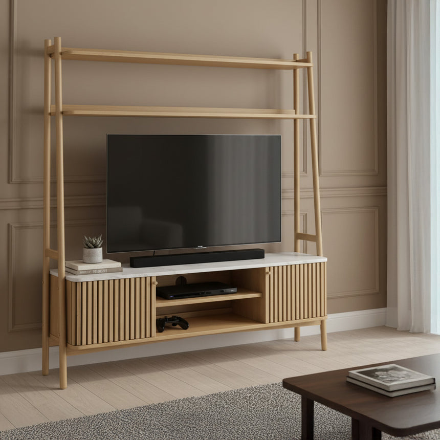 Soho Oak Slatted Ladder Storage TV Unit - White Marble Top