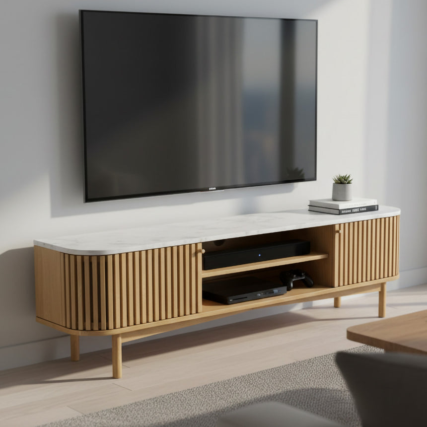 Soho Oak 180cm Slatted Large Storage TV Unit - White Marble Top