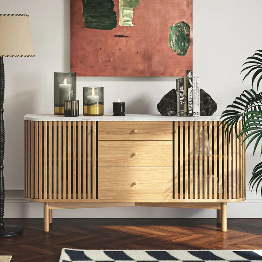 Soho Oak 2 Door Slatted Sideboard - White Marble Top - 140cm