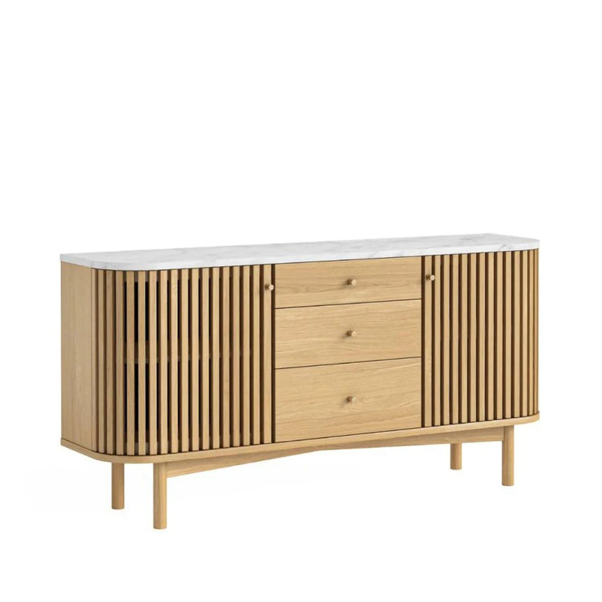 Soho Oak 2 Door Slatted Sideboard - White Marble Top - 140cm