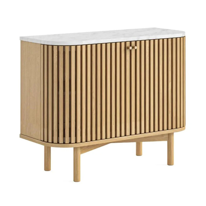 Soho Oak 2 Door Slatted Small Sideboard - White Marble Top
