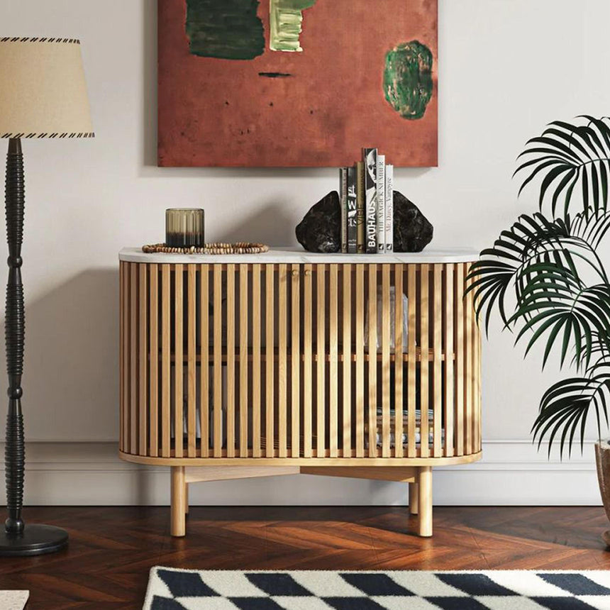 Soho Oak 2 Door Slatted Small Sideboard - White Marble Top