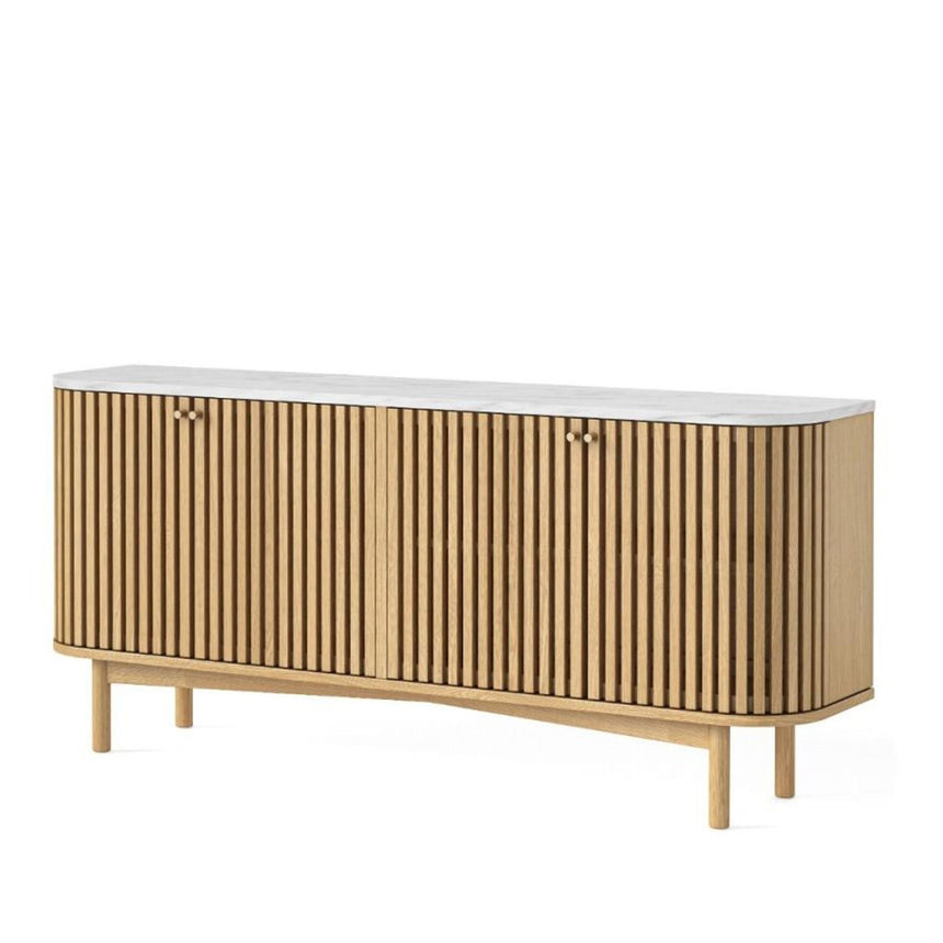 Soho Oak 4 Door Slatted Large Sideboard - White Marble Top