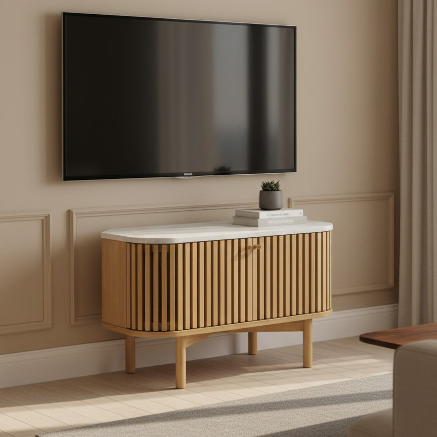 Soho Oak Slatted Corner Storage TV Unit - White Marble Top