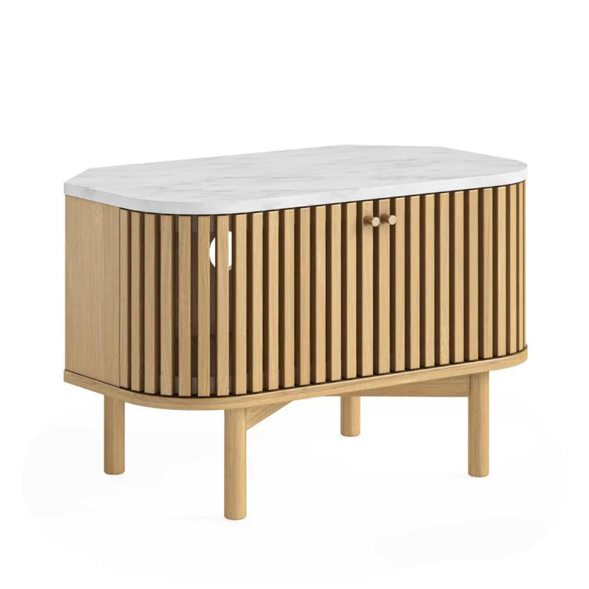 Soho Oak Slatted Corner Storage TV Unit - White Marble Top