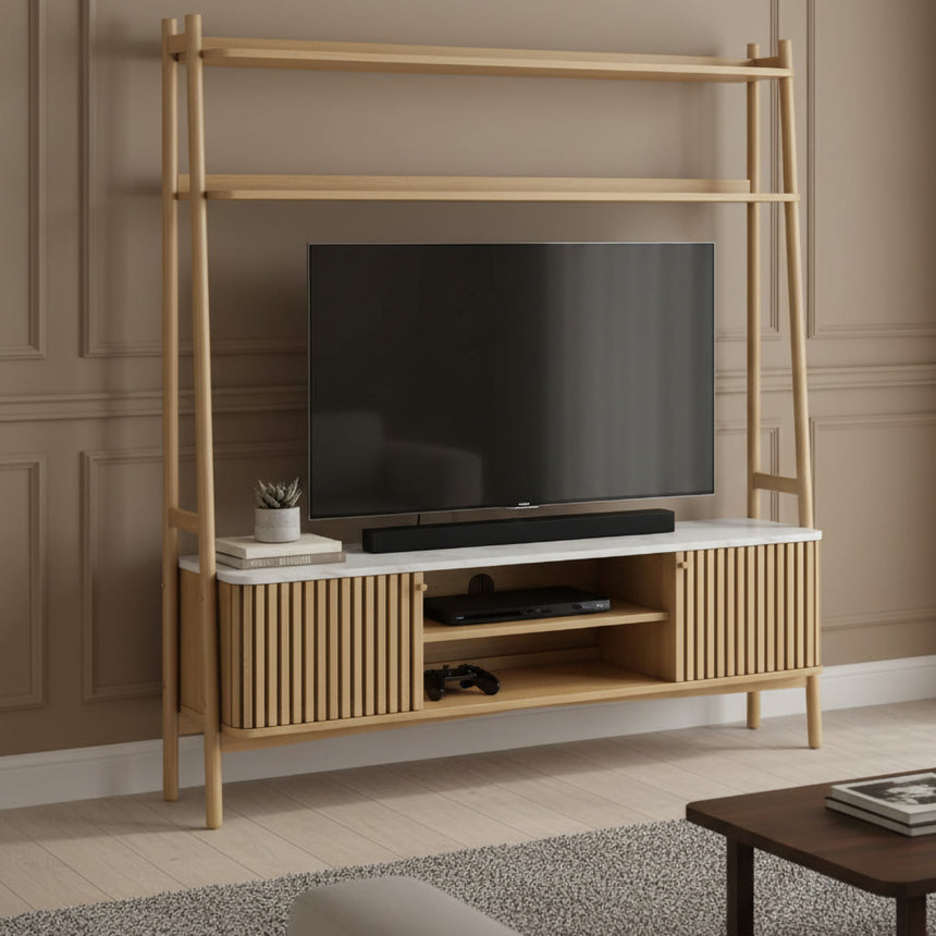Soho Oak 165cm Slatted Ladder Large Storage TV Unit - White Marble Top