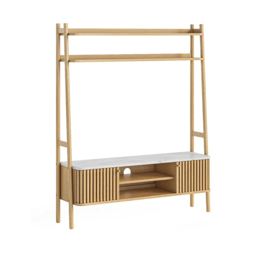 Soho Oak Slatted Ladder Storage TV Unit - White Marble Top