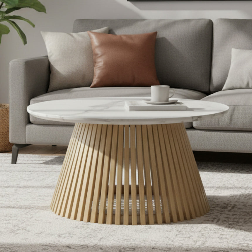 Soho Oak Slatted Round Coffee Table - White Marble Top
