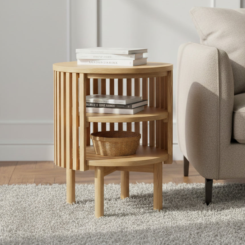 Soho Oak Slatted Round Open Side Table