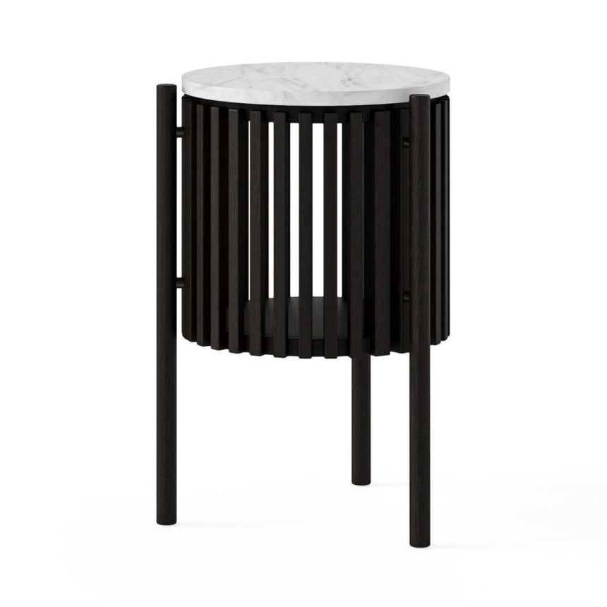 Soho Black 1 Door Slatted Story Round Side Table - White Marble Top