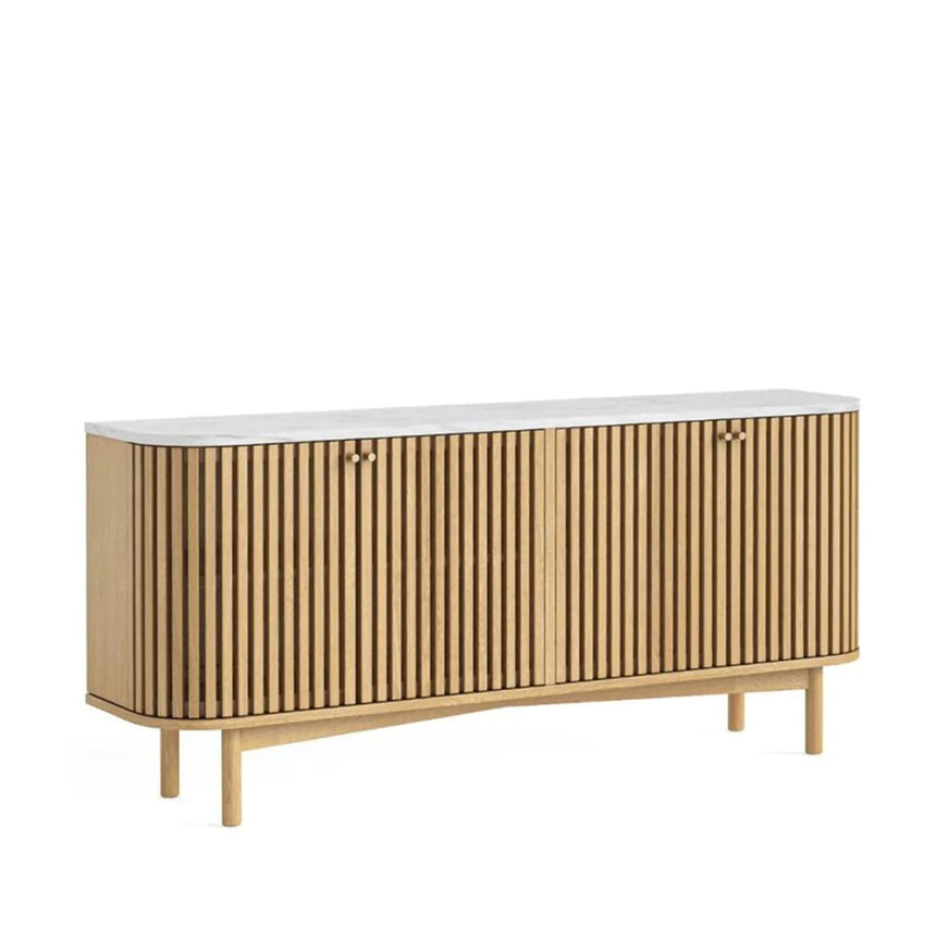 Soho Oak 4 Door Slatted Large Sideboard - White Marble Top