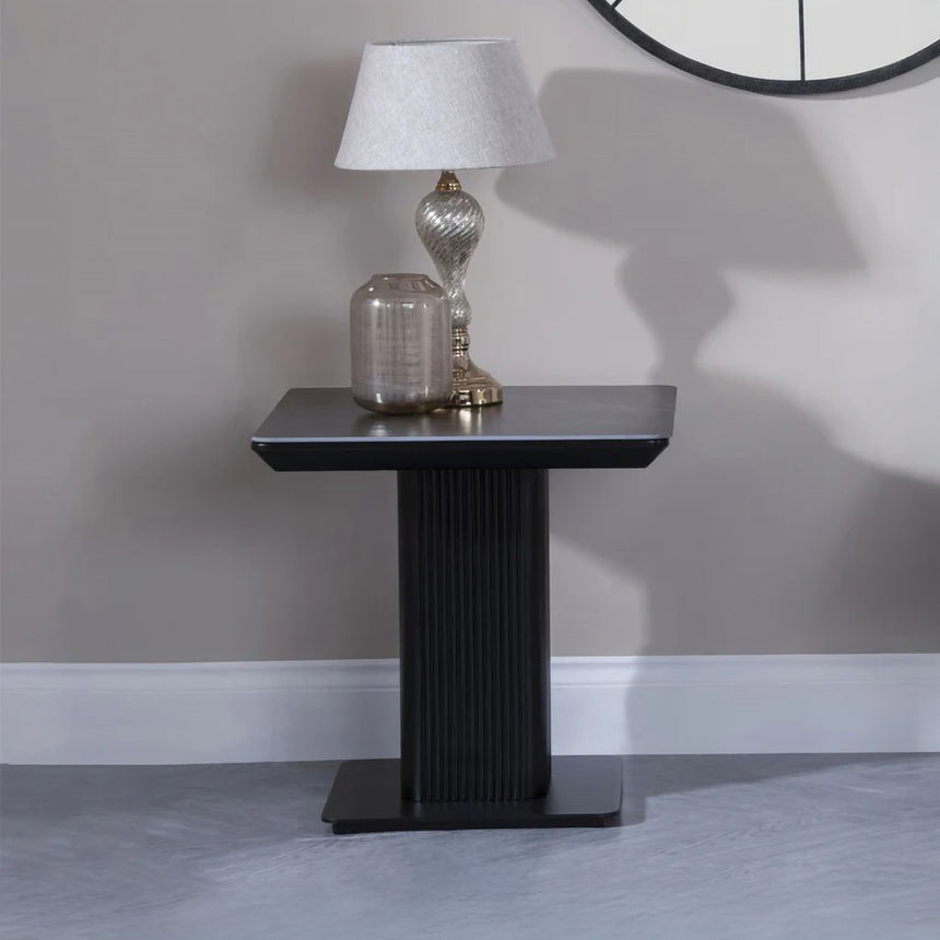 Stanmore Black Ceramic Fluted Lamp Table with Pedestal Base