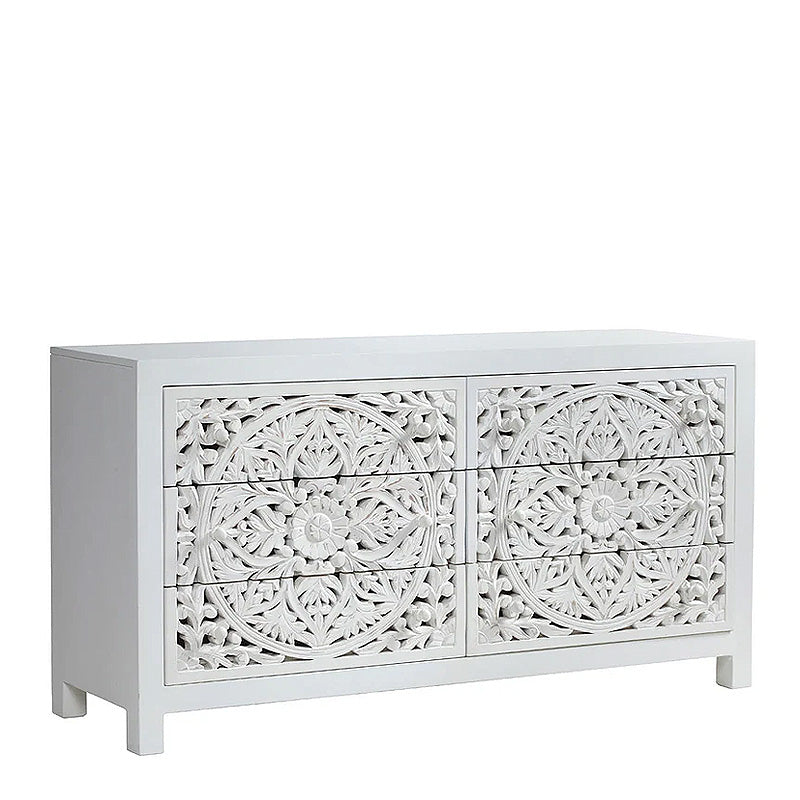 Treviso White Carved Wooden 6 Drawer Chest