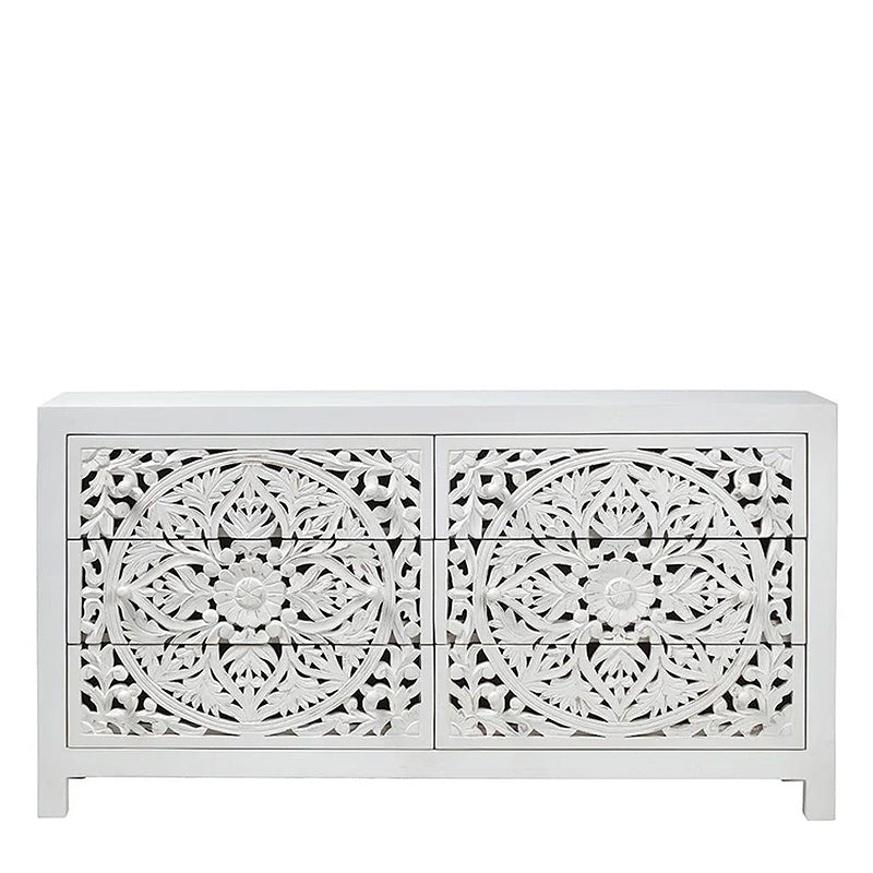 Treviso White Carved Wooden 6 Drawer Chest