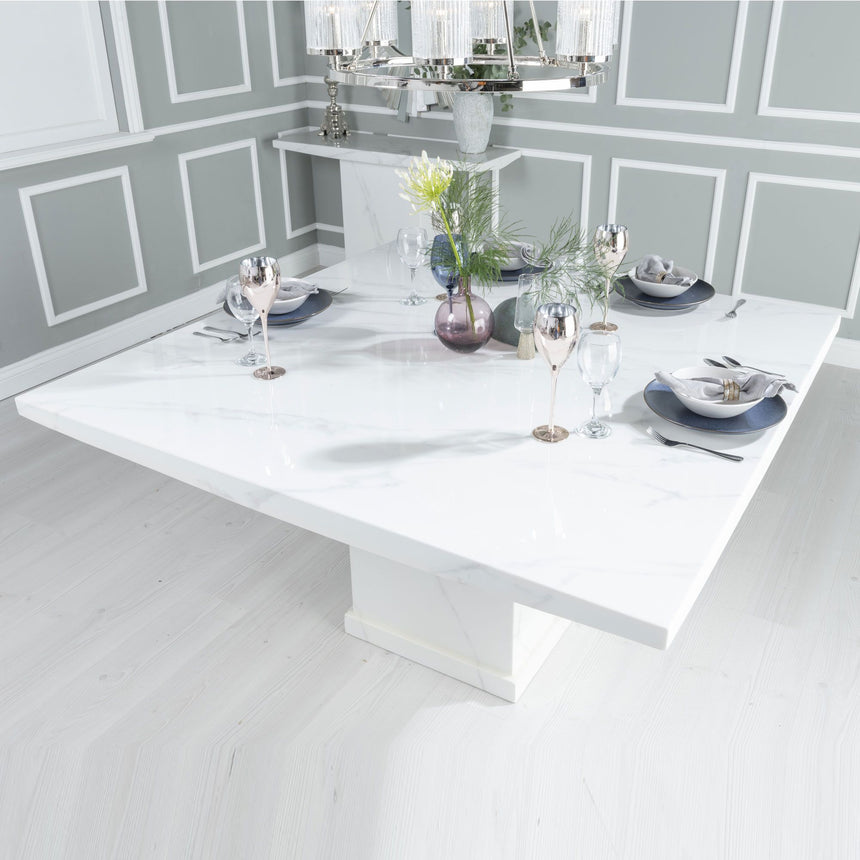 Genoa 8 Seater Square Marble Dining Table with Pedestal Base - 140cm