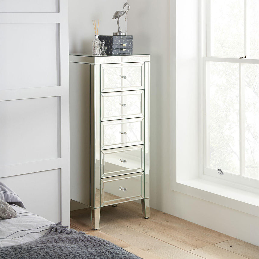 Valencia Mirrored 5 Drawer Narrow Chest