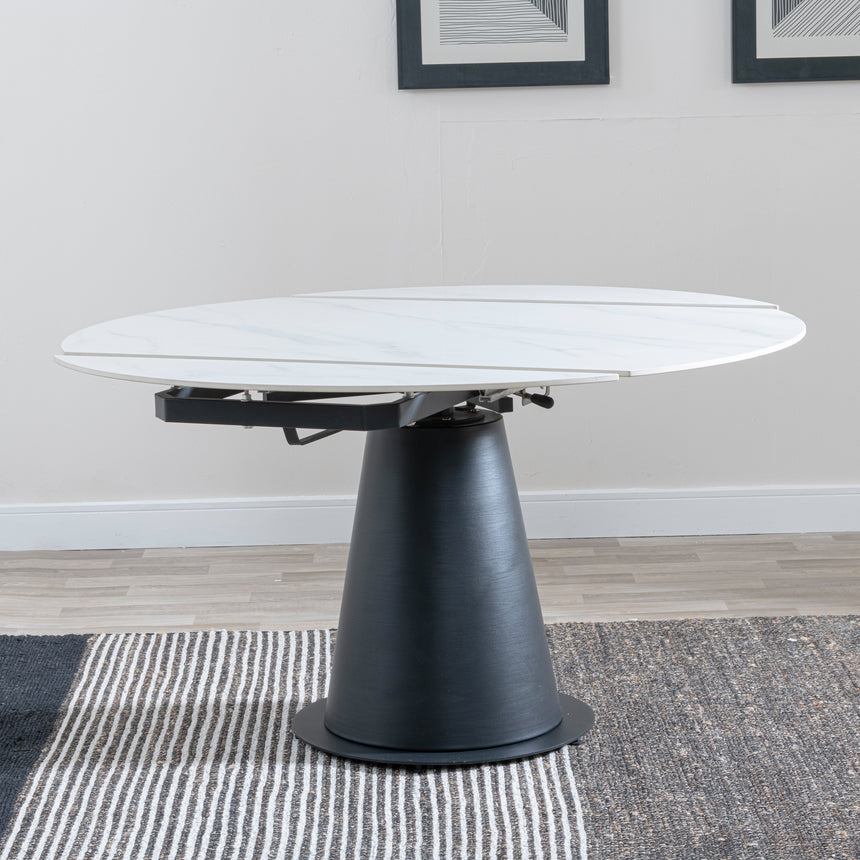 Madison 4 Seater White Ceramic Round Extending Dining Table with Black Pedestal Base - 135cm