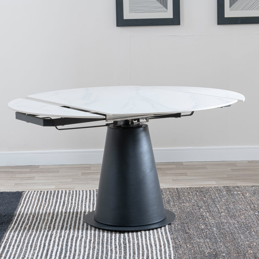 Madison 4 Seater White Ceramic Round Extending Dining Table with Black Pedestal Base - 135cm