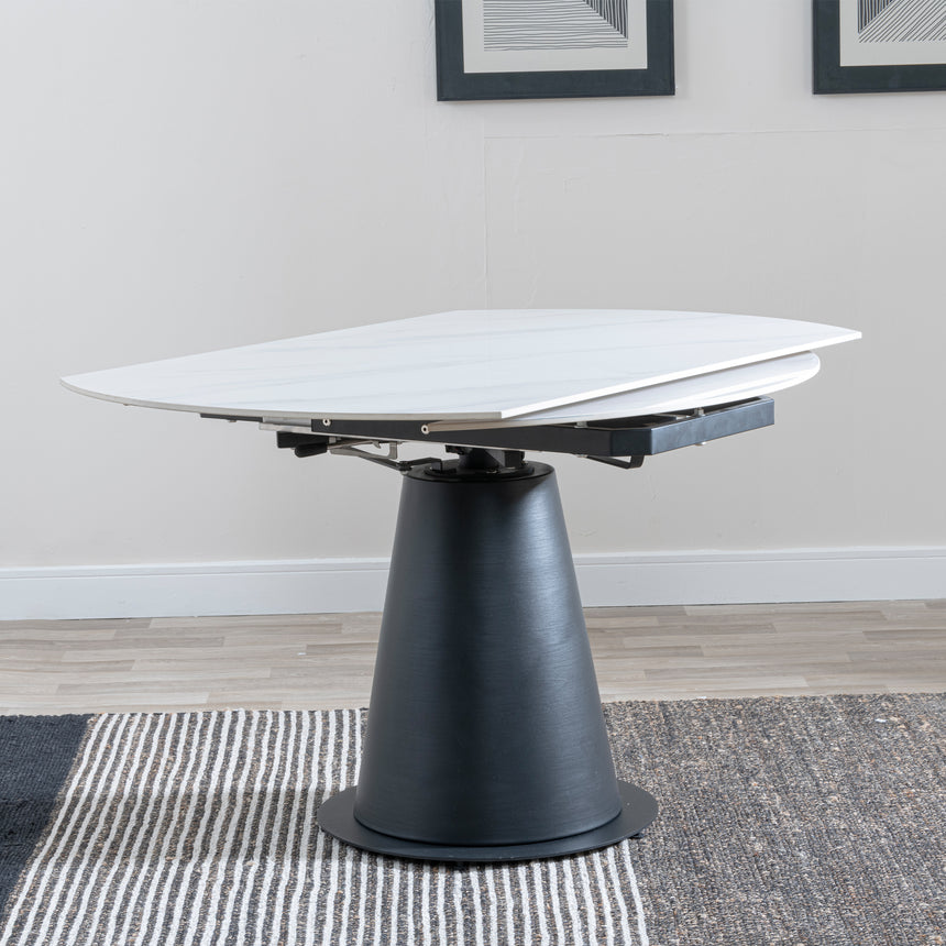 Madison 4 Seater White Ceramic Round Extending Dining Table with Black Pedestal Base - 135cm