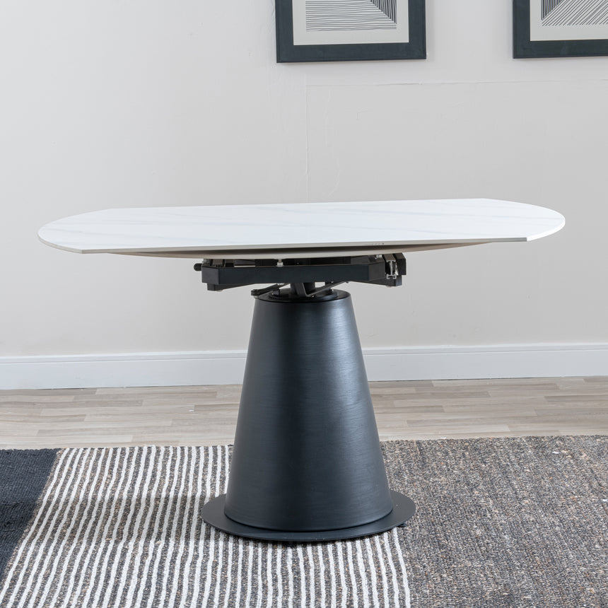 Madison 4 Seater White Ceramic Round Extending Dining Table with Black Pedestal Base - 135cm