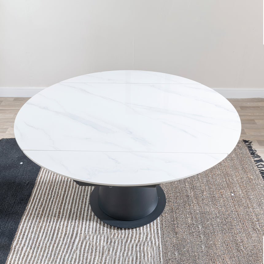 Madison 4 Seater White Ceramic Round Extending Dining Table with Black Pedestal Base - 135cm