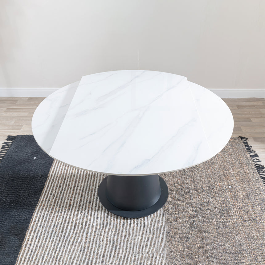 Madison 4 Seater White Ceramic Round Extending Dining Table with Black Pedestal Base - 135cm