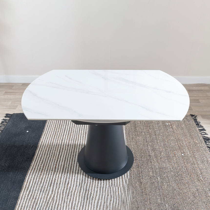 Madison 4 Seater White Ceramic Round Extending Dining Table with Black Pedestal Base - 135cm