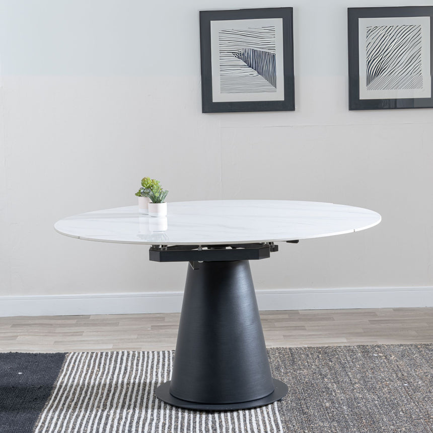 Madison 4 Seater White Ceramic Round Extending Dining Table with Black Pedestal Base - 135cm