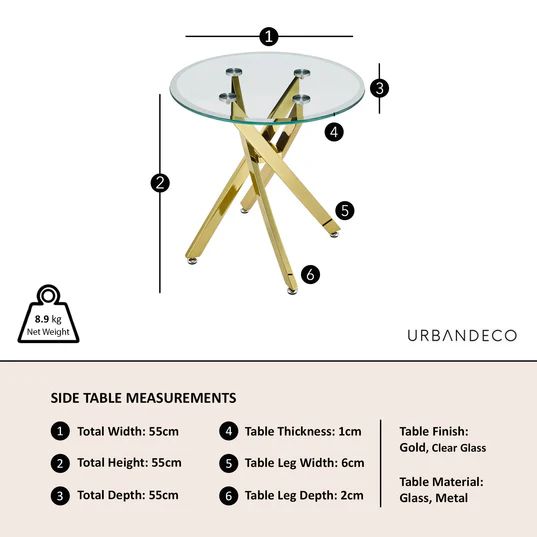 Ashley Glass Round Side Table with Gold Metal Legs