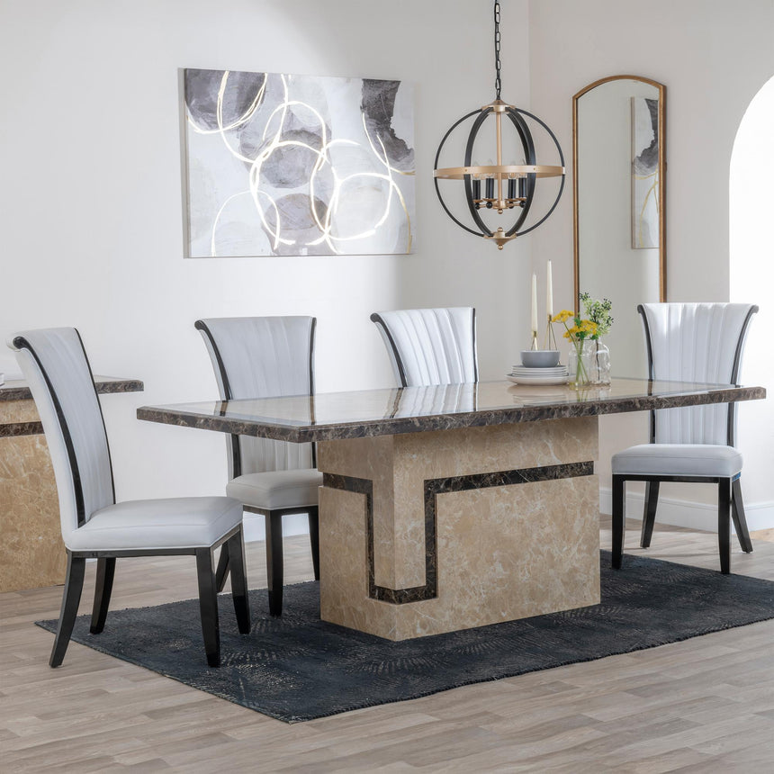 Venice Dining Set - 6 Seater - 160cm - Cream Marble - Cadiz Dining Chairs - White Leather