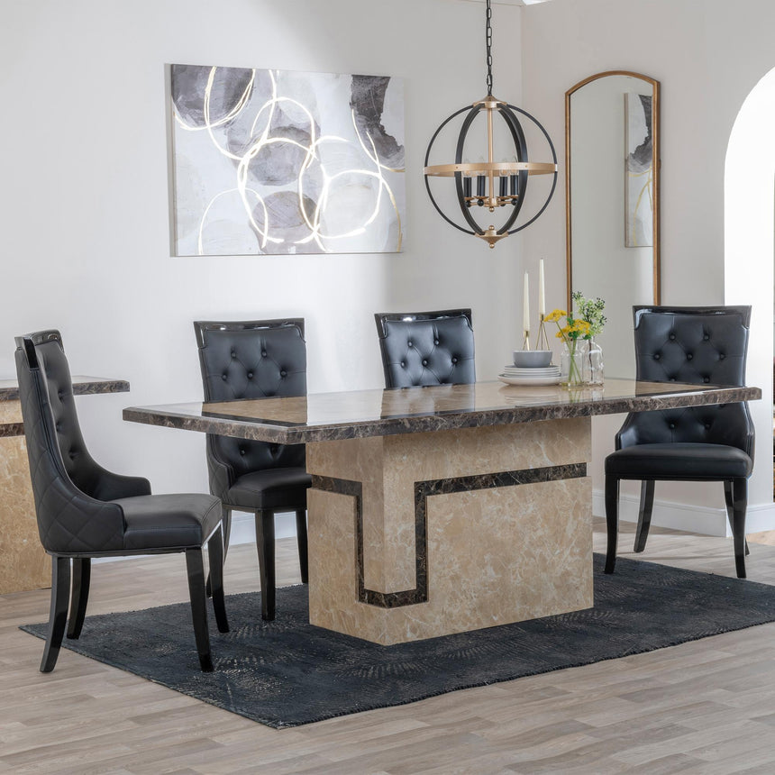 Venice Dining Set - 6 Seater - 160cm - Cream Marble - Carmela Dining Chairs - Black Leather