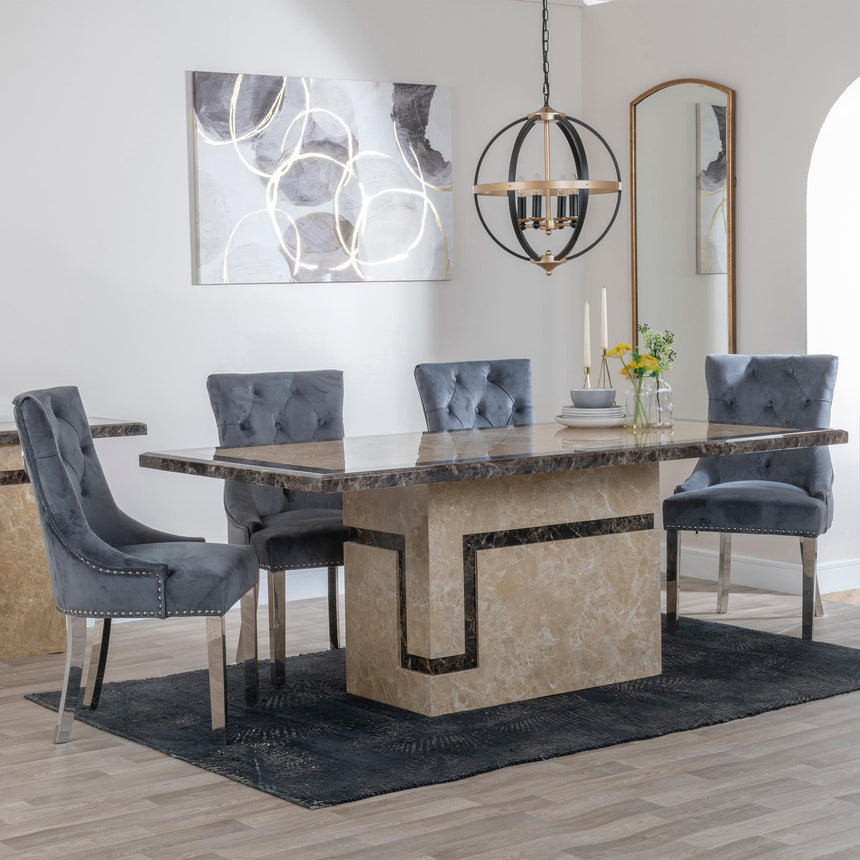 Venice Dining Set - 6 Seater - 160cm - Cream Marble - Knocker Back Dining Chairs - Grey Velvet Fabric - Chrome Legs