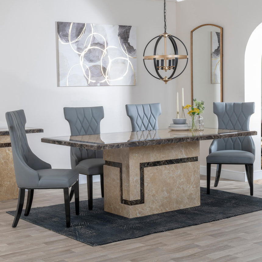 Venice Dining Set - 6 Seater - 160cm - Cream Marble - Mimi Dining Chairs - Grey Leather