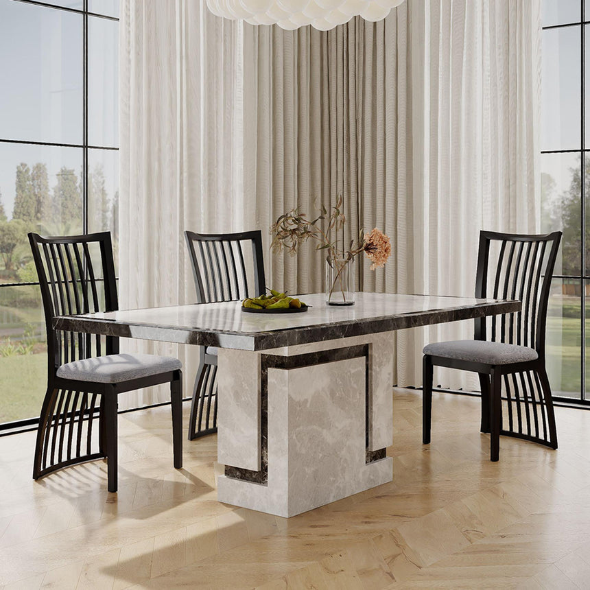 Venice Dining Set - 6 Seater - 160cm - Grey Marble - Athena Dining Chairs - Black High Gloss - Grey Seat Pads