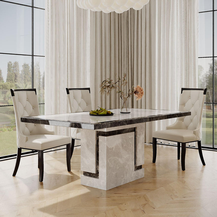 Venice Dining Set - 6 Seater - 160cm - Grey Marble - Carmela Dining Chairs - Cream Leather