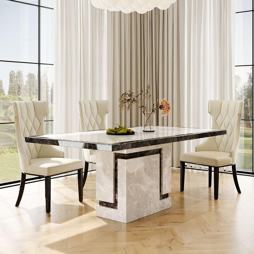 Venice Dining Set - 6 Seater - 160cm - Grey Marble - Mimi Dining Chairs - Cream Leather