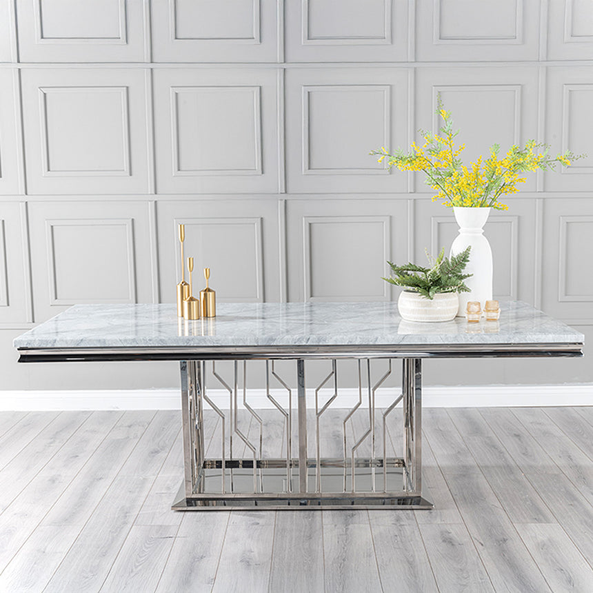 Verona 8 Seater Grey Marble and Chrome Dining Table with Artistic Base - 220cm