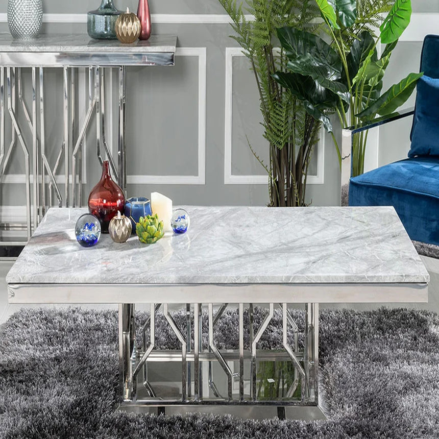 Verona Grey Marble and Chrome Coffee Table with Artistic Base