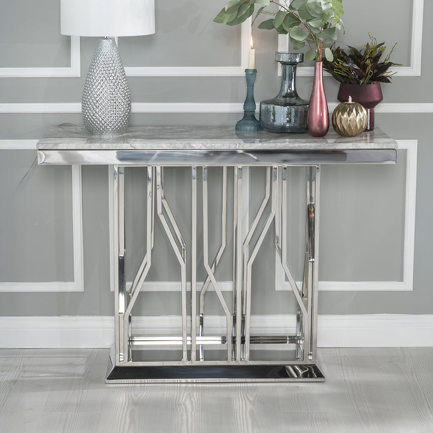 Verona Grey Marble and Chrome Console Table with Artistic Base