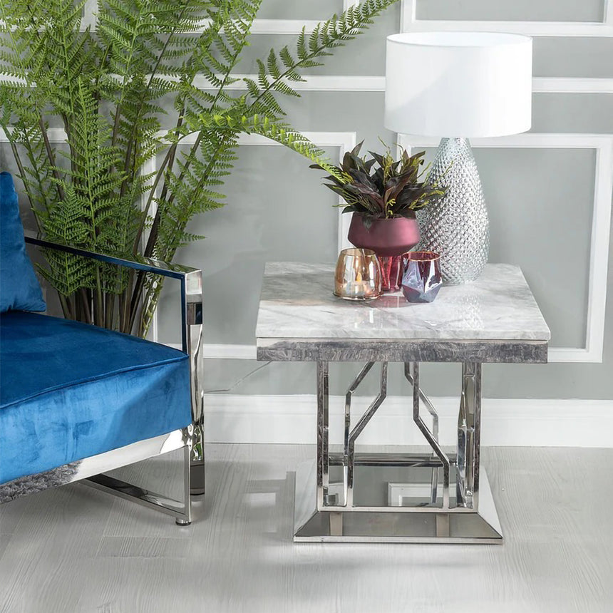 Verona Grey Marble and Chrome Side Table with Artistic Base