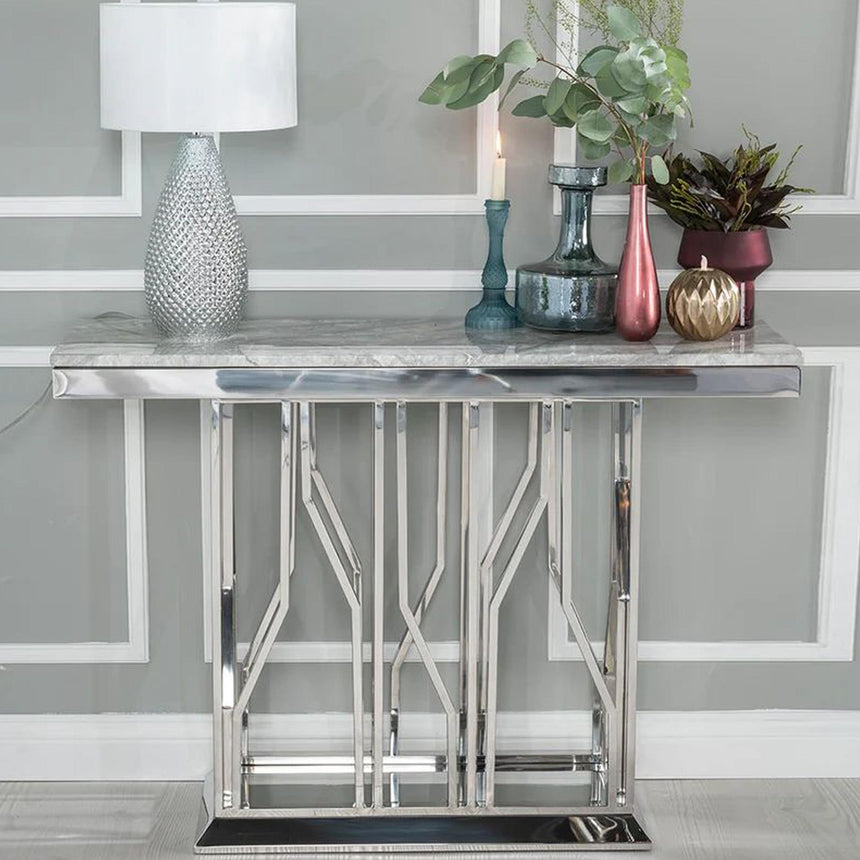 Vortex Console Table - Grey Marble & Chrome