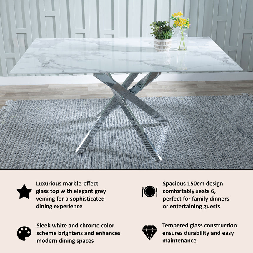 Ashley 6 Seater Glass Dining Table with Chrome Metal Legs - 150cm