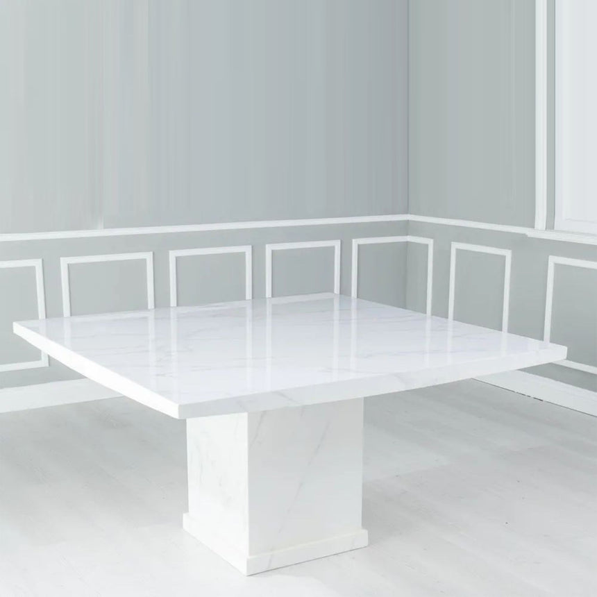 Giovanni 140cm Square White Marble Dining Set - Parish Faux Leather Chairs