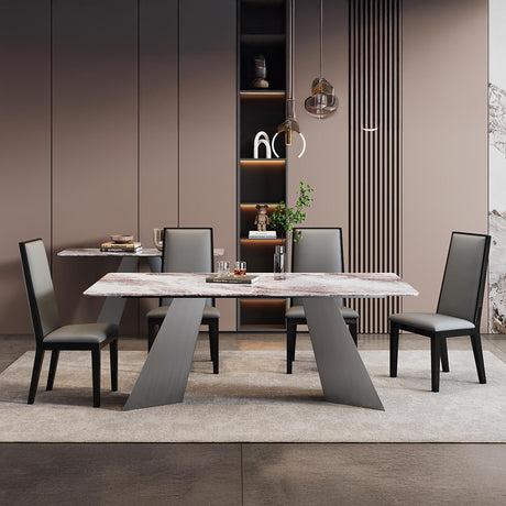 Taurus Dining Set - 6 Seater - 180cm - Beige Marble - Elite Dining Chairs - Grey Leather - High Back